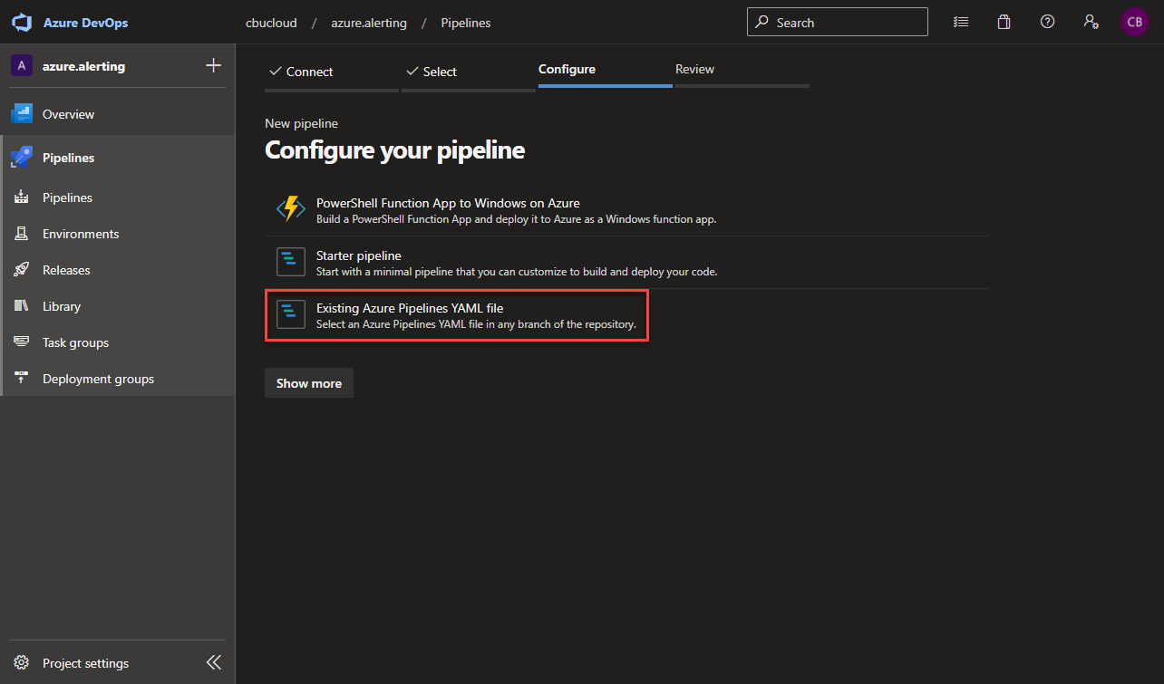 Select Existing Azure Pipelines YAML file